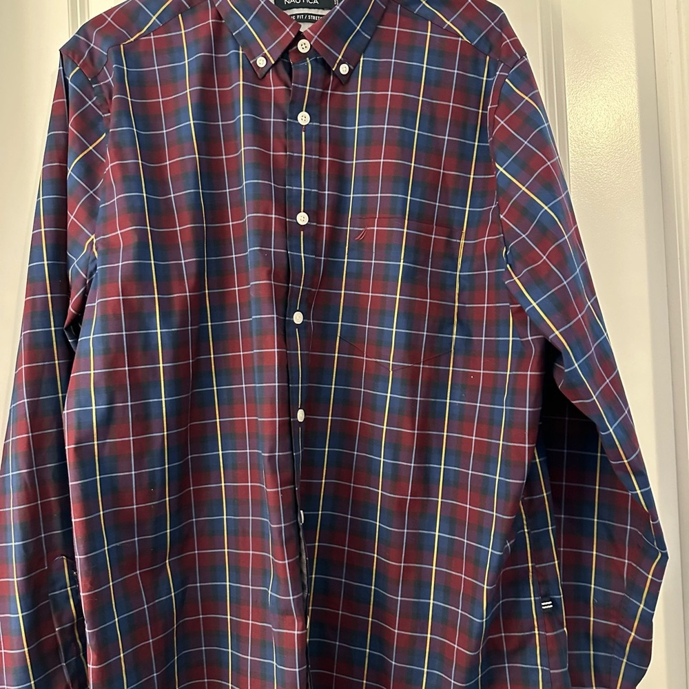 Nautica Blue, Purple and Gold plaid Casual Button Down Shirt